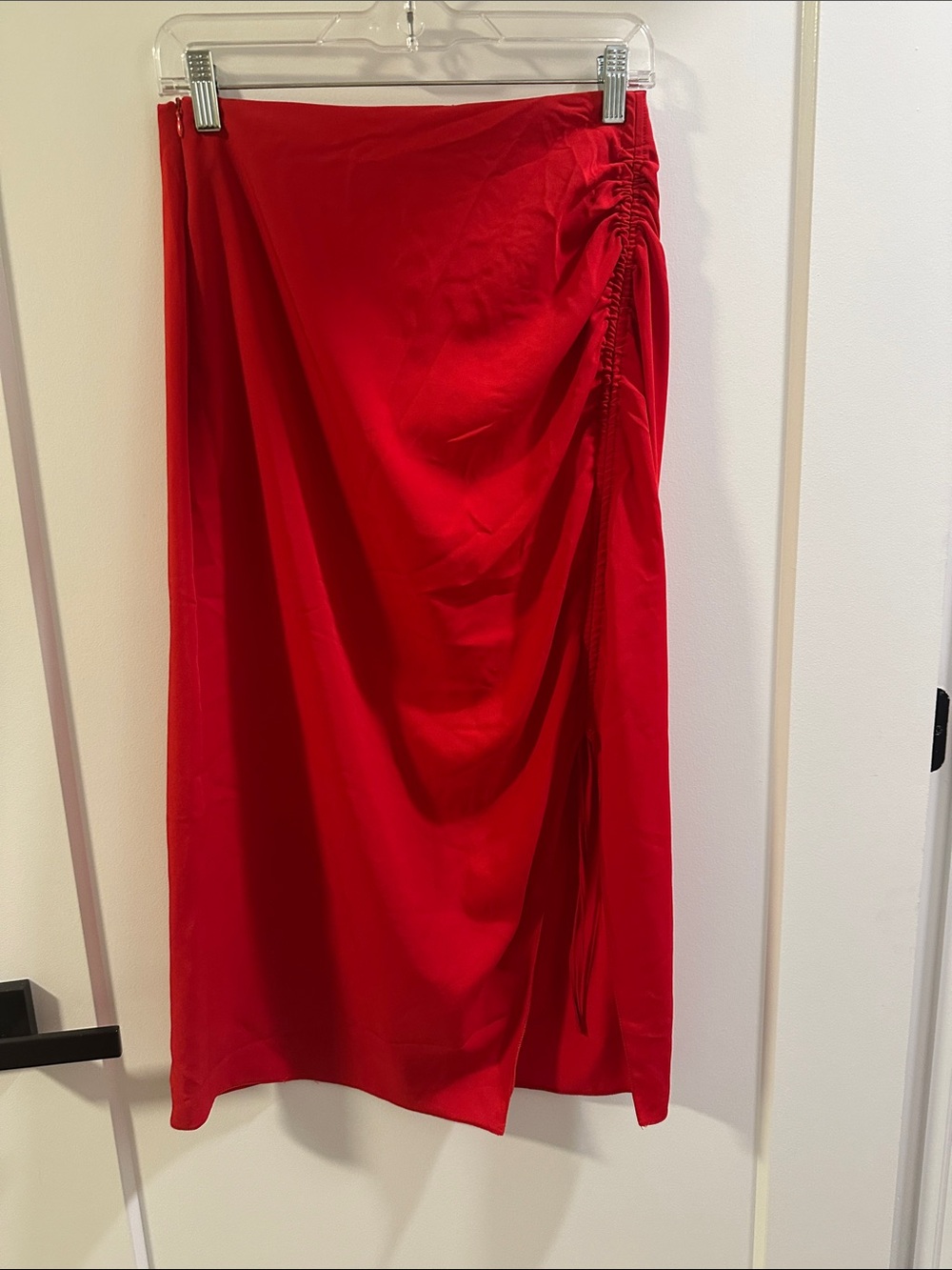 Zara Bright Red Ruched-Side Midi Skirt